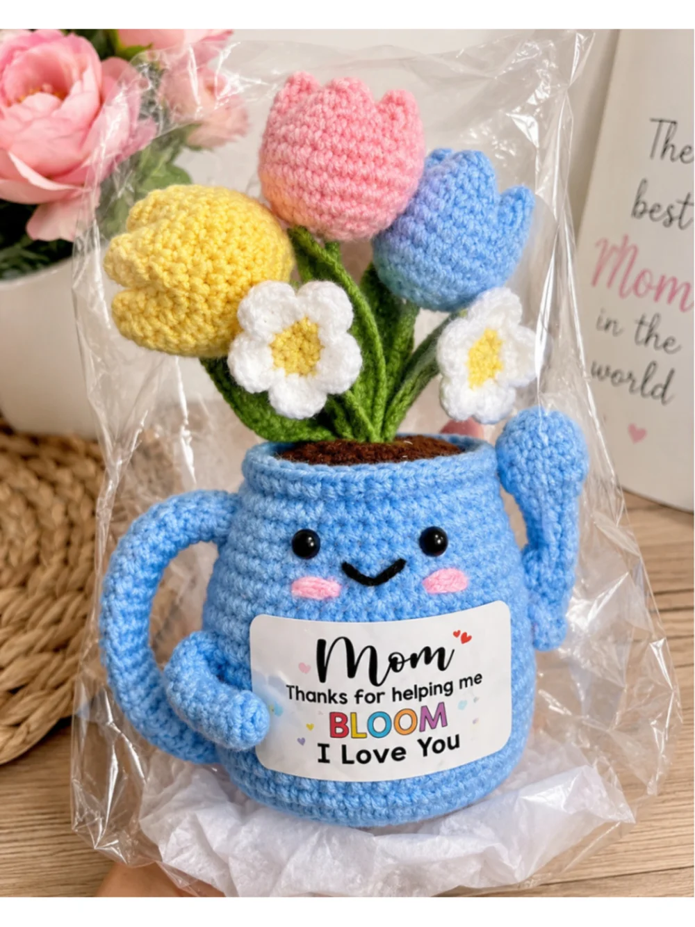 Handmade Crochet Mom Bloom Flower Mug Plush | Amigurumi Mother’s Day Gift